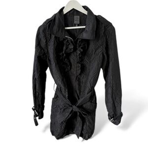Due Per Due Black Crinkle Ruffle Women's short Trench coat jacket bow belt Sz M